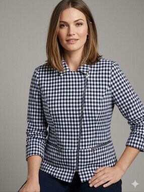 46 🏷️CHICOS size 4 Womens top GINGHAM Plaid moto jacket navy blue and white